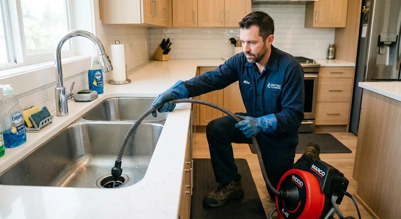 Drain cleaning technician using a motorized snake on a kitchen sink in Vermillion