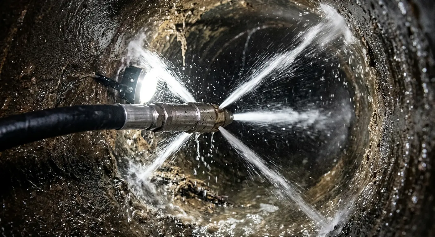 High-pressure hydro jetting nozzle cleaning sewer pipe for Trenchless Sewer Repair in Vermillion