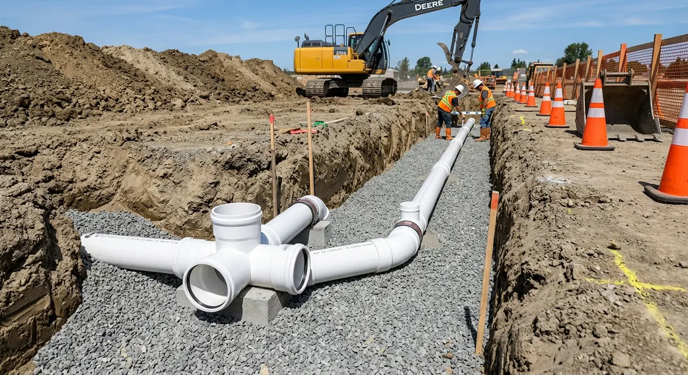 New PVC sewer pipe installation in open trench for Grease Trap Cleaning in Vermillion