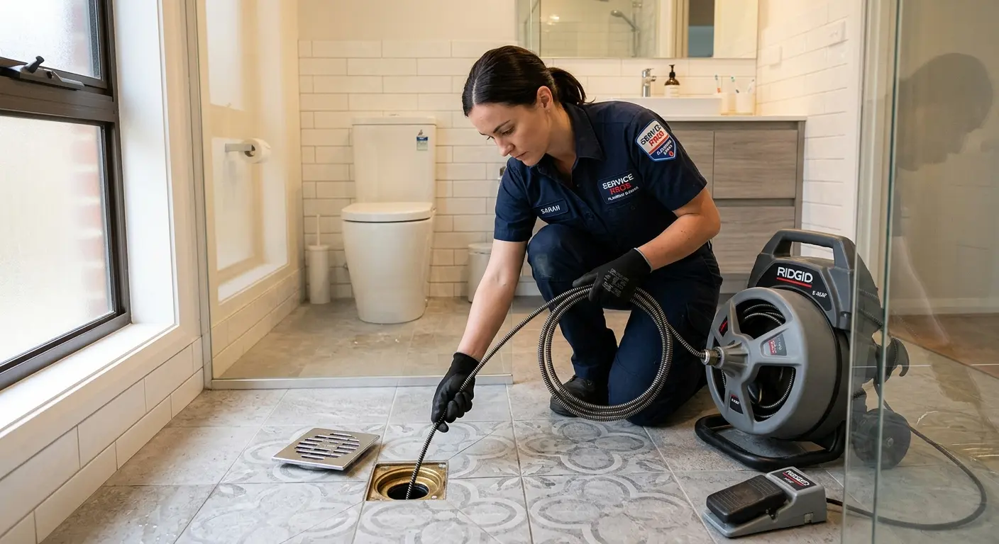 Technician clearing a bathroom floor drain for Sewer Line Installation in Vermillion